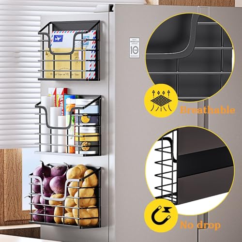 Magnetic Shelf for Fridge, 3 Pack Metal Fridge Organizer Baskets, Magnetic Cup Holder for Refrigerator, Fruit & Snack Storage, Magnetic Bin for Potatoes, Letters, Magazines, Kitchen & Laundry Room