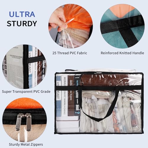 Blanket Storage Bags 4 Pack 60L Clothes Comforter Bedding Container Clear | Clear Plastic Vinyl, Reinforced Handles, Zippered Closure, for Clothes Comforters Bedding and Moving