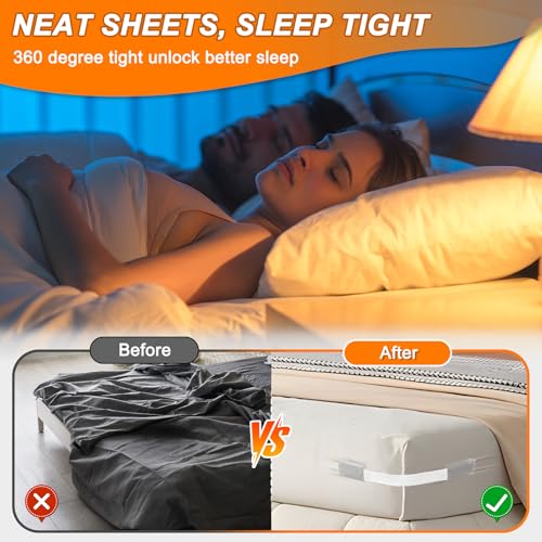 Bed Sheet Holders for Corners, Heavy Duty Fitted Sheet Holder with Lock Fastener Straps &Anti-Slip Pads Keep Sheets Firm&Tight, No More Loose Sheets, Easy Installation for Any Mattress Sizes(Set of 4)