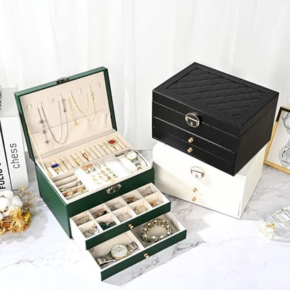 Jewelry Box for Women Girl Wife 3 Layers Large PU... (Black | Metal)