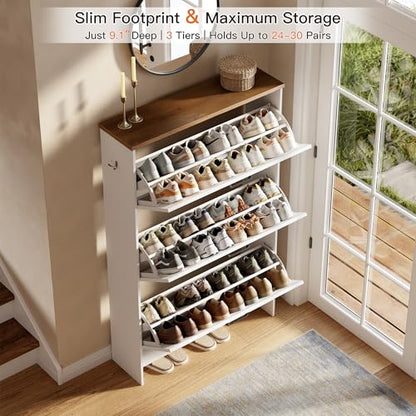 Shoe Cabinet, 3 Flip Drawers & Adjustable Shelves, Ultra Slim Freestanding (9.1” Deep), Holds 30 Pairs, Narrow Shoe Storage Cabinet with Anti-Tip Safety, Modern Farmhouse White Walnut