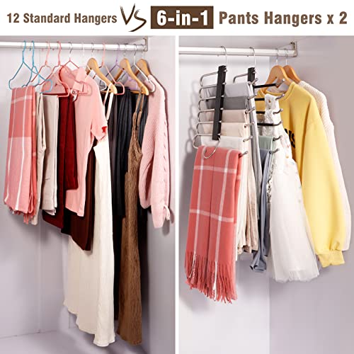 Space Saving 6 Tier Pant Hangers, Anti-Slip, Stainless Steel, 2 Pack, Black