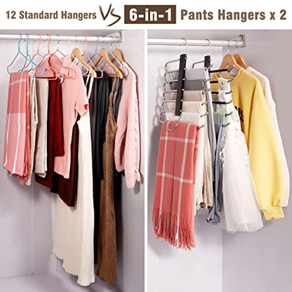 Space Saving 6 Tier Pant Hangers, Anti-Slip, Stainless Steel, 2 Pack, Black