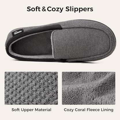 HomeTop Men's Knit Moccasin Slippers Memory Foam House Shoes Indoor Outdoor | Breathable,Indoor,Outdoor,Fleece Lining,Machine-washable,Non-slip