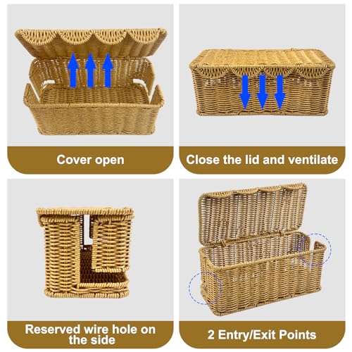Scalloped Edge Handmade Cable Management Box, Elegant Plastic Rattan Cable Organizer, 2 Open Slots Sturdy Cord Hider Box, Under Desk Cord Organizer for Home TV Wires Computer Router USB Hub Strip (1)