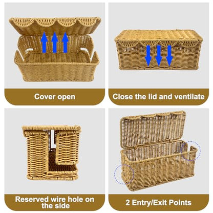 Scalloped Edge Handmade Cable Management Box, Elegant Plastic Rattan Cable Organizer, 2 Open Slots Sturdy Cord Hider Box, Under Desk Cord Organizer for Home TV Wires Computer Router USB Hub Strip (1)