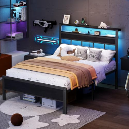 Full Size Bed Frame, Storage Headboard, LED & Charger, Black Oak