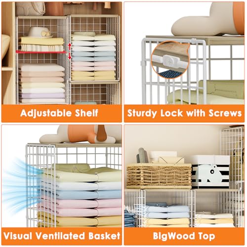 6 Tier Taller Closet Organizers and Storage, Stackable Closet Shelf Organizer with 2 Dividers for Clothes Towels Toys, Rv, Double Storage Design, Clothing Storage Basket for Wardrobe, White