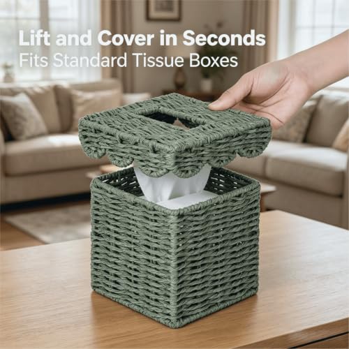 CubesLand Square Wicker Tissue Box Cover W/Scalloped Lid for Home Decor | Handwoven Facial Tissues Boxes Fits Living Room Table Decor, Rustic Farmhouse Boho Bathroom Decorative, Green