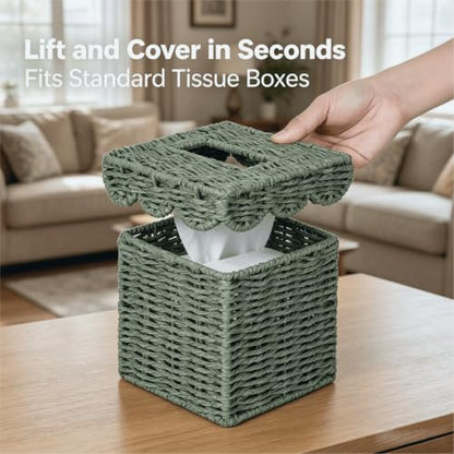 CubesLand Square Wicker Tissue Box Cover W/Scalloped Lid for Home Decor | Handwoven Facial Tissues Boxes Fits Living Room Table Decor, Rustic Farmhouse Boho Bathroom Decorative, Green