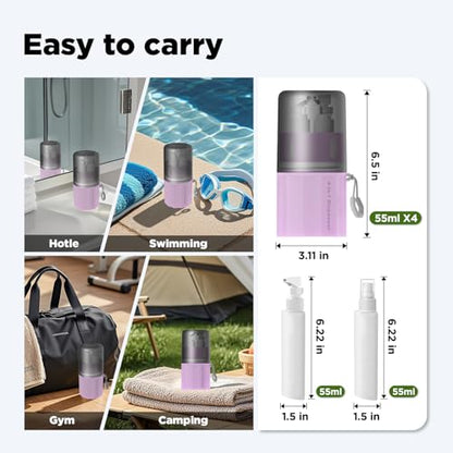 4 in 1 Travel Dispenser Bottle, Travel Bottles for Toiletries, Pink | 4 × 55ml Leak Proof Travel Bottles with Suction Cups