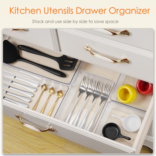 Drawer Organizer, 10 Pack Large Clear Plastic Set, 3 Size Versatile Bathroom and Vanity Organizer Trays, Storage Bins for Makeup, Bedroom, Kitchen Utensils