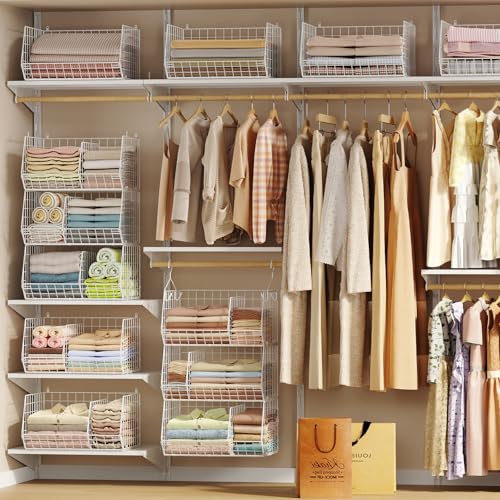 3 Tier Extra Large Closet Hanging Shelves with Divider, 16.5"L x 11.8"W x 33.6"H Closets Organizers and Storage with 5 S Hooks, Clothes Organizer for Sweaters Shoes Handbags Clutches Accessories-White