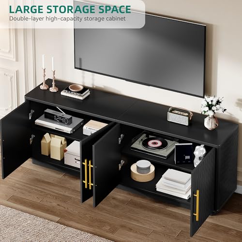 YITAHOME 70" TV Stand for up to 80" TVs with 4 Fluted Doors, Black Oak | Entertainment Center with 4 Fluted Doors, for Living Room, Ample Storage, Fits up to 80 Inch TVs, Media Console