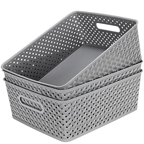 MaxGear 3 Pack Plastic Storage Baskets, Large, Grey | Durable Woven Plastic with Built-In Handles, Suitable for Shelves, Closets, Cabinets, Bathrooms and Offices