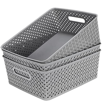 MaxGear 3 Pack Plastic Storage Baskets, Large, Grey | Durable Woven Plastic with Built-In Handles, Suitable for Shelves, Closets, Cabinets, Bathrooms and Offices