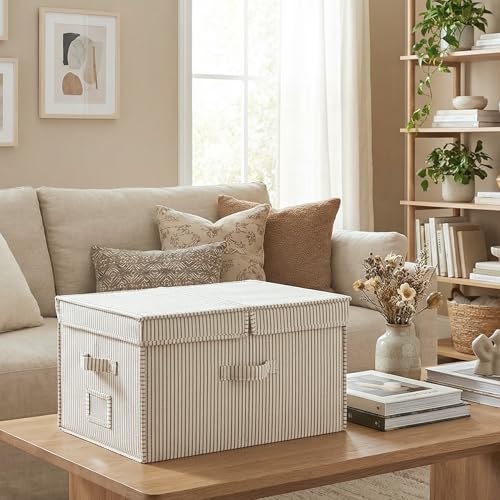 StorageWorks Extra Large Storage Bins with Lids, 55L Decorative Organizer with Divider Board, Fabric Boxes with Handles, Khaki and Beige Stripes, 2-Pack