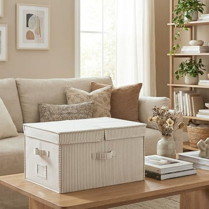 StorageWorks Extra Large Storage Bins with Lids, 55L Decorative Organizer with Divider Board, Fabric Boxes with Handles, Khaki and Beige Stripes, 2-Pack