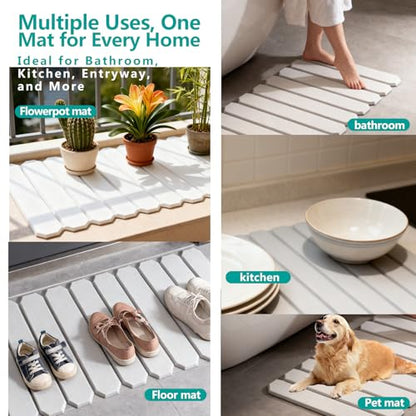 Foldable Stone Bath Mat, Diatomaceous Earth Mat, Quick Dry Slatted Shower Mat, Non-Slip Bathroom Floor Mat with Portable Design for Tub, Sink, and Entryway – 23.8" x 15.3", Gray White