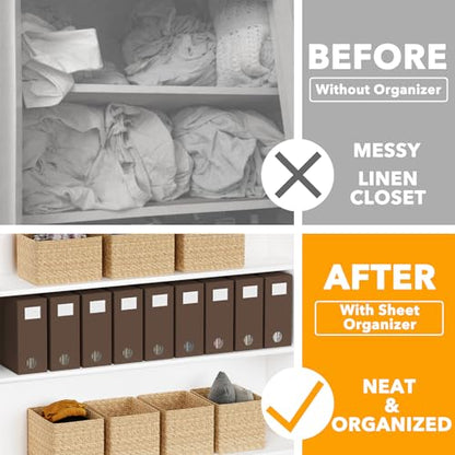 SpaceAid 9 Pack Bed Sheet Organizers and Storage, Foldable Sheet Organizer with Window for Linen Closet, Set Folder Keeper for Queen & King Size Bedding Storage (Brown)