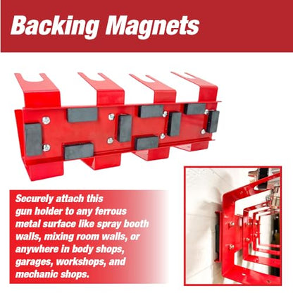 Magnetic Paint Spray Gun Holder Stand, Holds 4 Gravity Feed - Attach to Booth Wall, Mix Room, Workstation Cabinet, Body Shop or Garage Wall Red