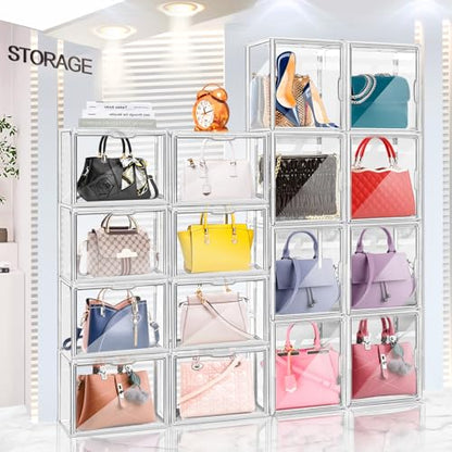 4 Packs Clear Plastic Handbag Storage Organizer for Closet Small | Acrylic Display Box for Handbag, Stackable Storage Boxes Bag Organizer with Magnetic Door for Purse Clutch Wallet Book