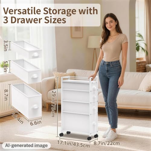 LASZOLA Narrow Cabinet Slim Storage Cart for Bathroom Small Space, White | 4 Tiers Skinny Rolling Organizer Shelf with Sturdy Fabric Drawers, Lightweight Mobile on Wheels, Between Washer and Dryer