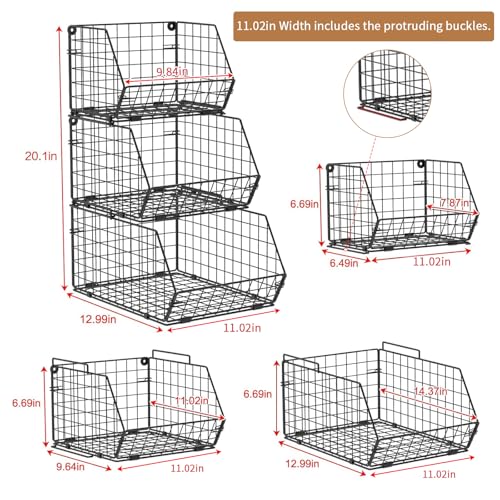 3-Tier Stackable Wire Baskets, Fruit and Vegetable Storage for Counter | Wall-Mount Potato and Onion Storage Bin, Metal Produce Basket, Kitchen Pantry Organizer and Storage on Cabinet for Snack/Can