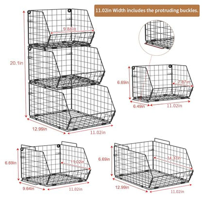 3-Tier Stackable Wire Baskets, Fruit and Vegetable Storage for Counter | Wall-Mount Potato and Onion Storage Bin, Metal Produce Basket, Kitchen Pantry Organizer and Storage on Cabinet for Snack/Can