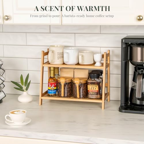 ANBOXIT Matcha Station Organizer, Countertop Bamboo Coffee & Tea Station | Rattan-Look 2 Tier Mug Holder Display Stand for Kitchen Condiment, Coffee Accessories, Home, Office