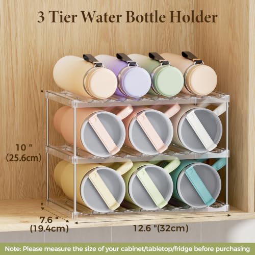 LAMU Stackable Water Bottle Organizer Holder Tumbler Cup Storage Rack | 3 Tier Clear PET Holder for Stanley 16-40oz Large Water Bottle Tumbler Cup Storage for Kitchen Cabinet Pantry Countertop
