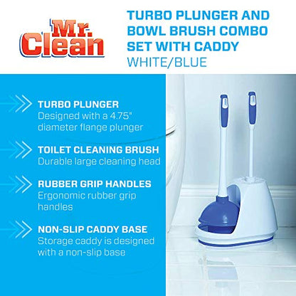 Mr. Clean Toilet Plunger and Bowl Brush Combo with Caddy, 3-Piece Heavy-Duty Plunger, Toilet Brush, and Caddy Set, White/Blue
