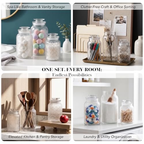 Style Setter Canister Set 3-Piece Glass Jars in 34oz, 44oz & 54oz Retro Design Lids for Cookies, Candy, Coffee, Flour, Sugar, Rice, Pasta, Cereal & More