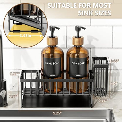 Kitchen Dish Soap Dispenser Set with 2 Pack 16.9oz Amber Glass Bottle and Sponge Holder, Dish Soap Dispensers with Adjustable Sponge Holder, Vintage Hand and Dish Soap Dispensers Set
