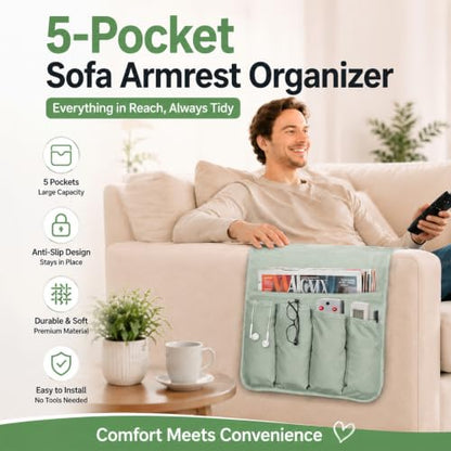 Armchair Caddy for Recliner, Non Slip Sofa Arm Organizer, Sage Green | 5-Pocket Recliner Armrest Organizer, Couch Side Storage Holder for Remotes, Cell Phone, Magazines & Tablets, Machine Washable