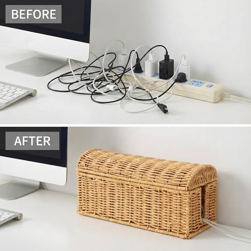 Large Rattan Cable Management Box, Decorative WiFi Router & Modem Hider | Ventilated, Waterproof, Easy Clean, No Assembly, Decorative Cable Organizer