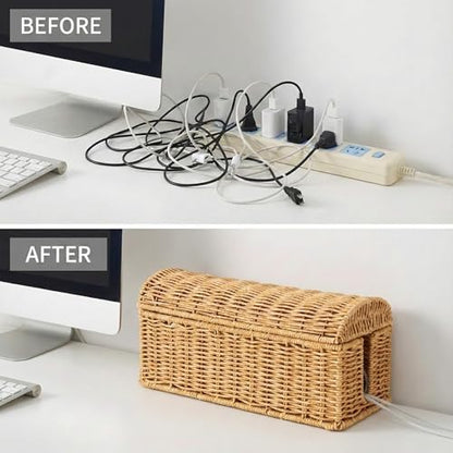 Rattan Cable Management Box, Ventilated Cord Hider with Flip Lid | Hand Woven Craft, Ventilated Heat Dissipation, Easy Access Protective Curved Flip Lid, Boho Woven Decor for Home and Office