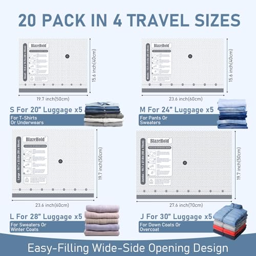 20 Pack Cordless Travel Vacuum Bags Set, Thickened, 3-Zipper Seal Upgrade | Vacuum Storage Bags with Rechargeable Pump, Vacuum Seal Bags for Luggage & Clothing, Compression Packing, 4 Sizes