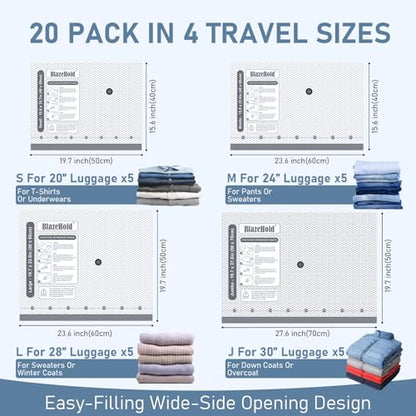 20 Pack Cordless Travel Vacuum Bags Set, Thickened, 3-Zipper Seal Upgrade | Vacuum Storage Bags with Rechargeable Pump, Vacuum Seal Bags for Luggage & Clothing, Compression Packing, 4 Sizes