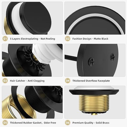 Tip-Toe Bathtub Drain Kit with Hair Catcher, Matte Black | 2-Hole Overflow Faceplate, Solid Brass, 5-Layer Plated, Fits 1.5"/1.75" Drains, For Bathroom Remodel, Matches Fixtures