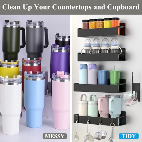 Magnetic Water Bottle Holder for Fridge Black, 4 Pack | Tumbler Organizer with Hooks, Cup Holder Organizer Storage, Refrigerator Shelf for Stanley, Owala