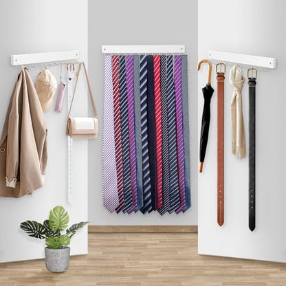 【2 in 1】 2 Pack Tie Organizer Belt Organizer Wall Mounted, Space Saving Tie Rack Belt Hanger for Closet with 24 Storage Hooks, Belt Tie Holder for Closet Organizer Storage White