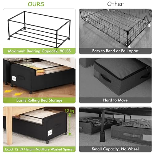 Webetop Under Bed Storage Containers with Wheels & Clear Lid 12 inch 2 Pack | Durable Construction, Smooth Movement, Hidden Storage, Bedroom Organization, Blanket And Clothing Storage, Convenient Access