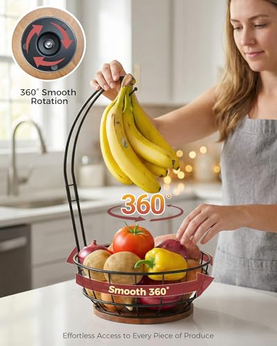 360° Rotating Fruit Bowl for Kitchen Counter with Banana Holder | Stable Metal Basket with Wooden Lazy Susan Base, Upgraded Banana Hanger Prevents Bruising, Ideal for Fruits, Bananas & Snacks