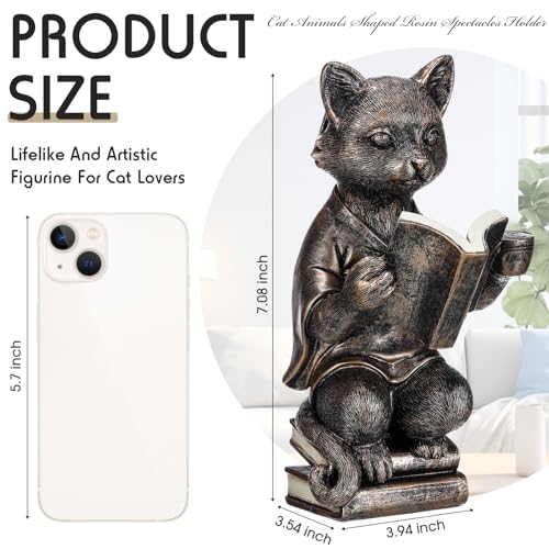 Gerrii Cat Eyeglass Holder Stand, 7.08 in Resin Animal Glasses Holder | Bronze Finish Sculpture for Desk Office Nightstand, Holds Reading Glasses Sunglasses, Decorative Organizer, Cat Lover Gift