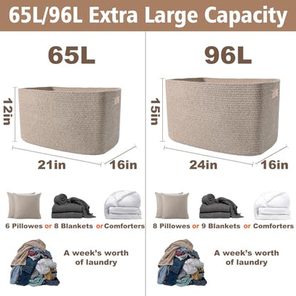 65L Large Woven Cotton Rope Blanket Basket, Oatmeal | Blanket Storage for Living Room or Bedroom Use, Freestanding with Reinforced Handles, Entire Basket is Machine Washable