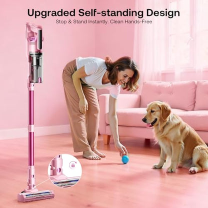 Trucozie Cordless Vacuum Cleaner, Self-Standing Lightweight Stick Vacuum with 50 mins Runtime, Powerful Suction, Anti-Tangle Wireless Vacuum for Home, Hardwood Floor, Carpet, Pet Hair, Pink