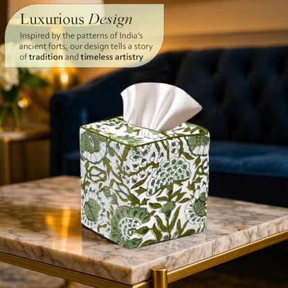 CPC Agate Green Hand Block Printed Cotton Tissue Box Cover 5" x 5" x 5.5" Square Soft Reusable Boho Napkin Holder for Home Kitchen Dining Bathroom Office Cafe Spa, Gift for Spring, Mother's Day