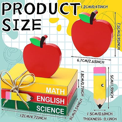 4 Pcs Back to School Table Decoration Wooden Apple Decorative Trays | Apple Prop with Pencil Stacks Books Centerpiece First Day of School Gifts Desktop for Teachers Office Classroom Decor
