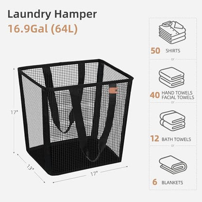 STORAGE MANIAC Collapsible Laundry Basket, 16.9 Gal. Large Pop-up Laundry Hamper with Long Carry Handles, Space-Saving Foldable Clothes Hamper with Bottom Elastic Band, Travel Laundry Bags, Mesh Black